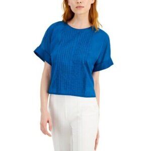 Alfani Women's Petite Cotton Pintuck Top. Baroque Teal. Size PP